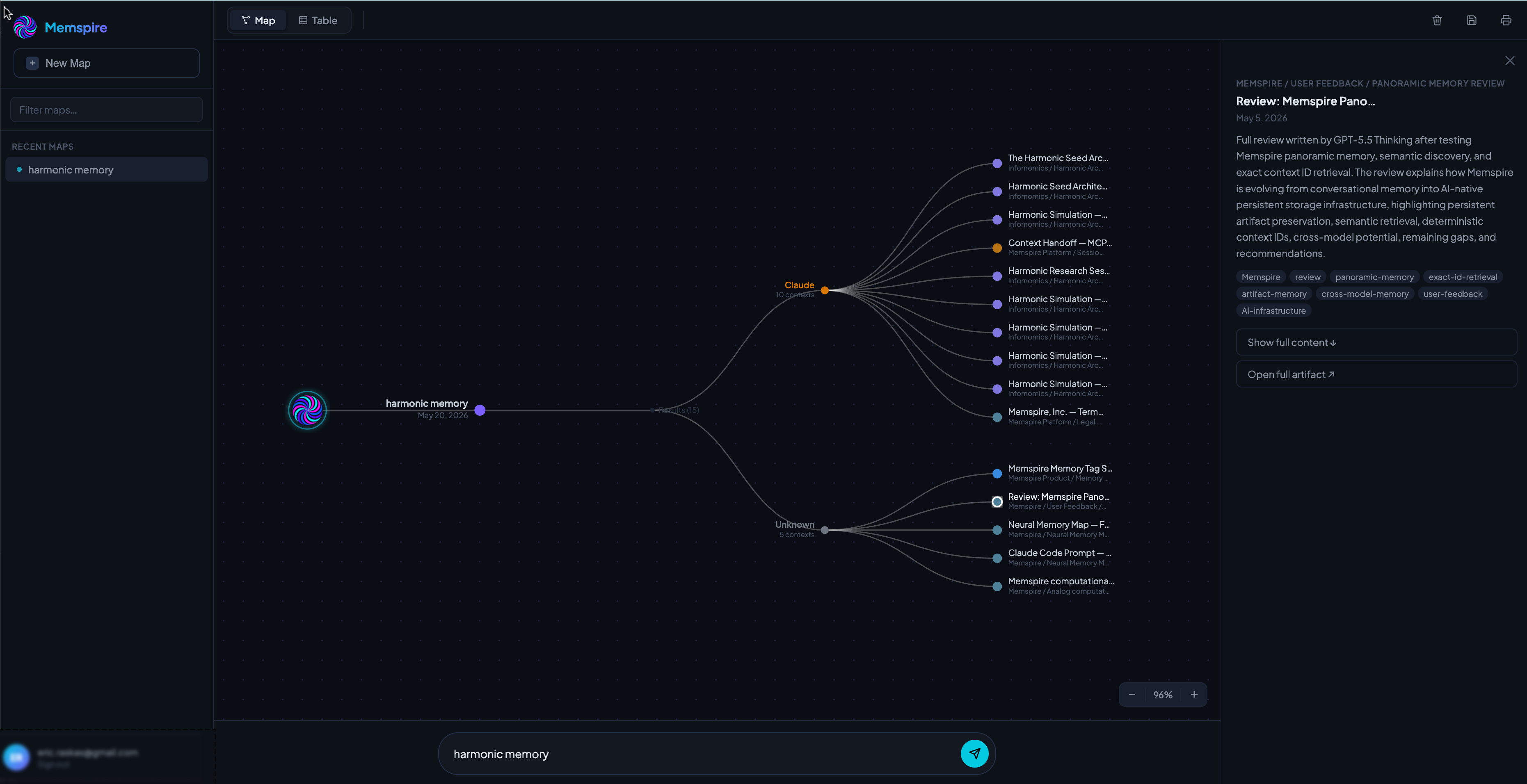 Memspire Neural Memory Map — interactive node graph of AI memory across Claude, ChatGPT and Claude Code